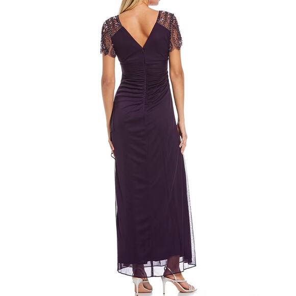 Xscape Short Beaded Sleeve V Neck Draped Dress Size 18W NWT Plum - Picture 4 of 9